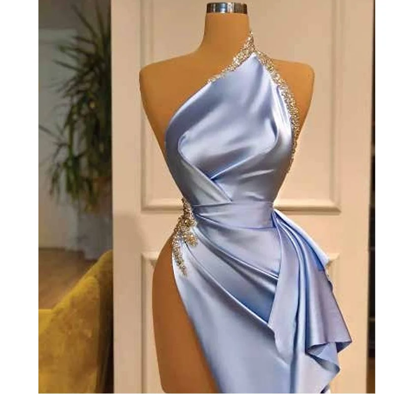 Sexy Evening Gowns For Women High Neck Floor-Length Beading Prom Dresses Simple Soft Satin Custom Made Vestidos De Gala