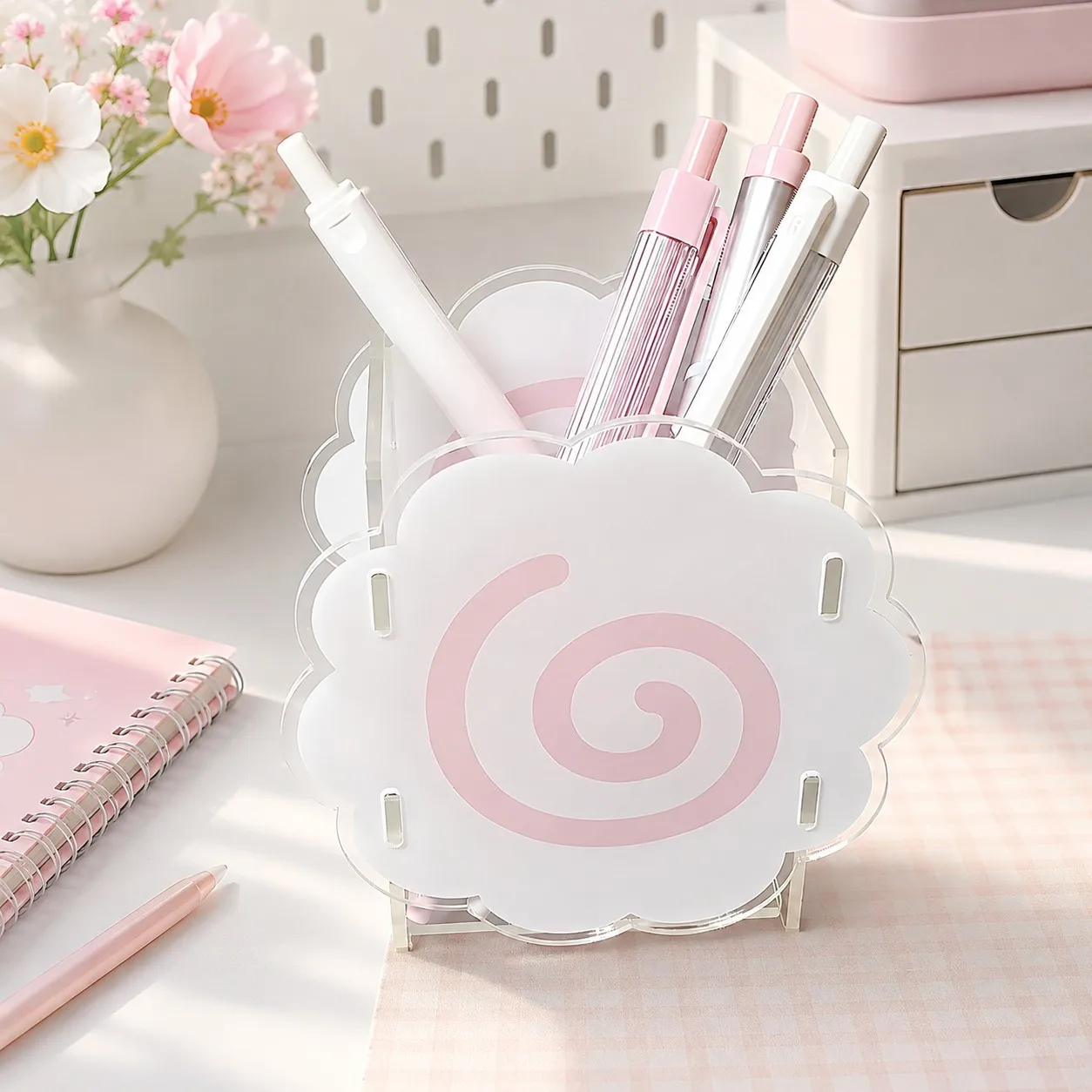 Durable Cute Sweet Pen Holder Acrylic Portable Desktop Organizers Box Multifunctional Storage Box Home Office Supplies