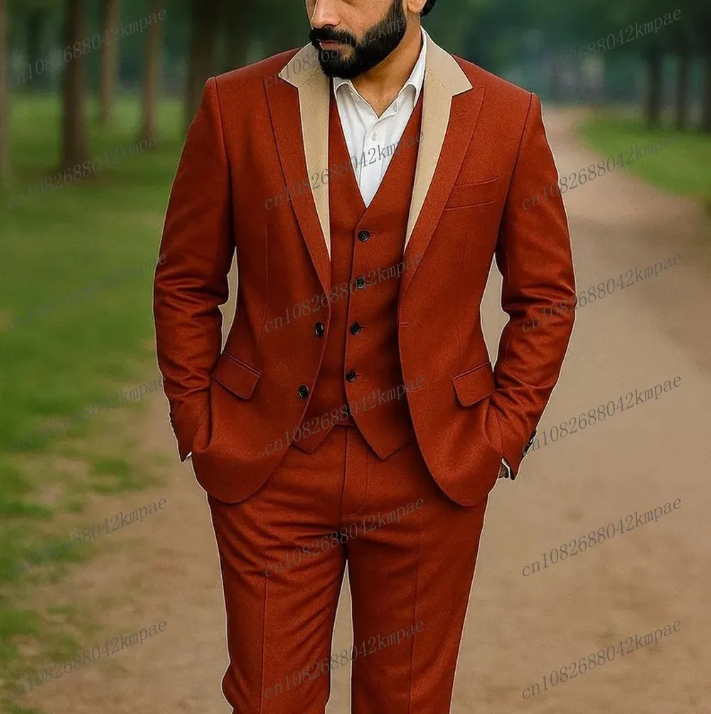 

Beige Collar Rust Red Men Suit Tuxedos Formal Occasion Groom Groomsman Wedding Party Prom Male 3 Piece Set Blazer Vest Pants