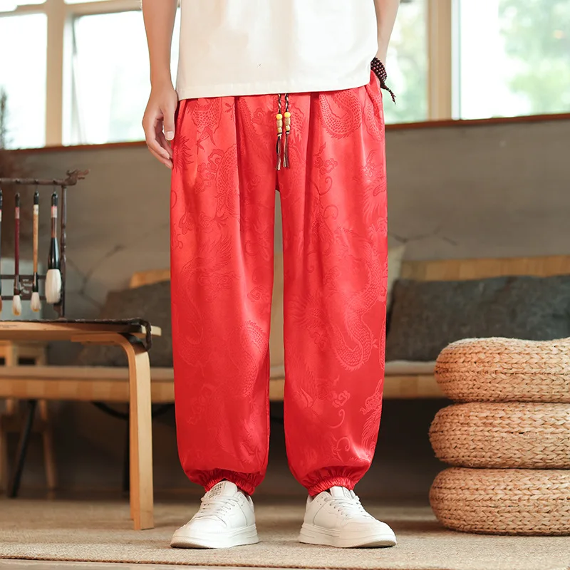 Neue männer Casual Hosen Japan Stil Lose Hosen Sommer Eis Seide Drachen Dunkle Blume Hosen Outdoor High Street Casual Kordelzug – Detail 5