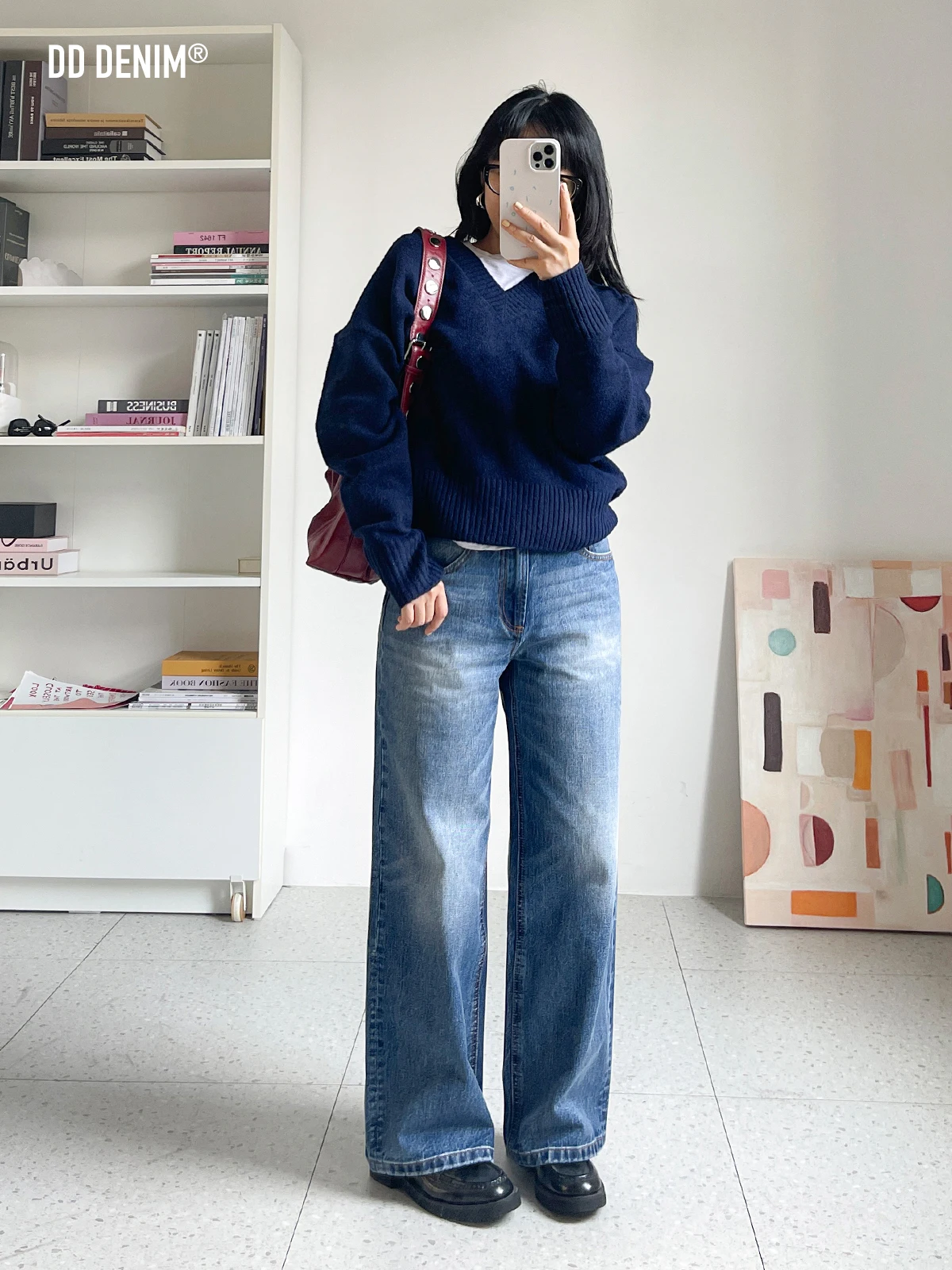 

Свободные прямые джинсы из бамбука с заниженной талией в стиле ретро, женские осенне-зимние хлопковые прямые джинсы на молнии