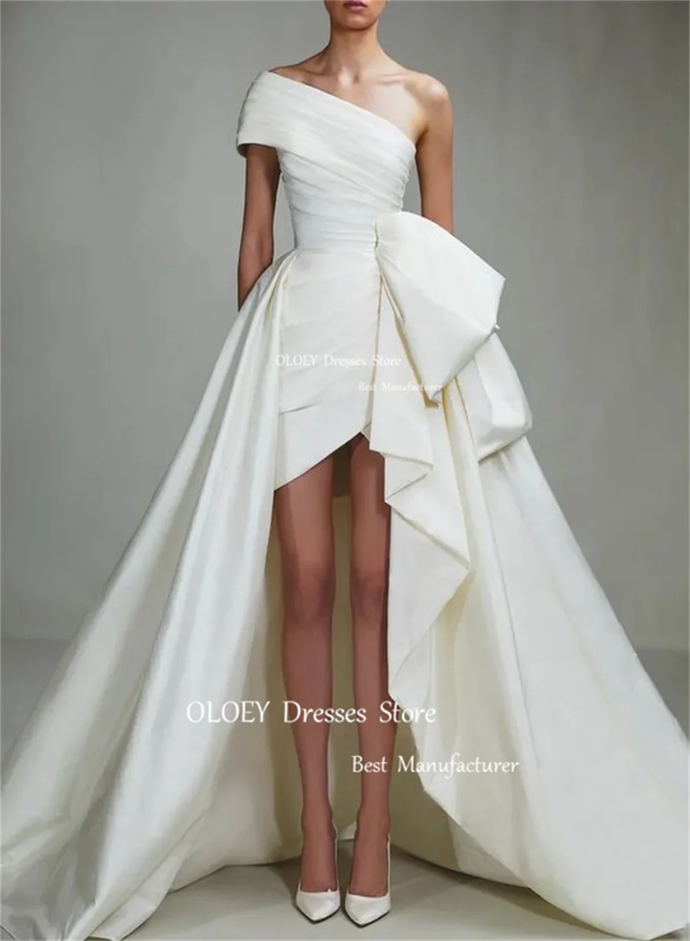 OLOEY Ivory Wedding Dress Korea Photoshoot One Shoulder Straight Bridal Gown With Train Pleats Satin Custom Zip Lace Up Back