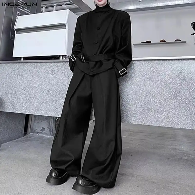 INCERUN Men Sets Solid Color Stand Collar Long Sleeve Button Jackets & Pants Two Pieces Sets Streetwear Loose Fashion Men Suits