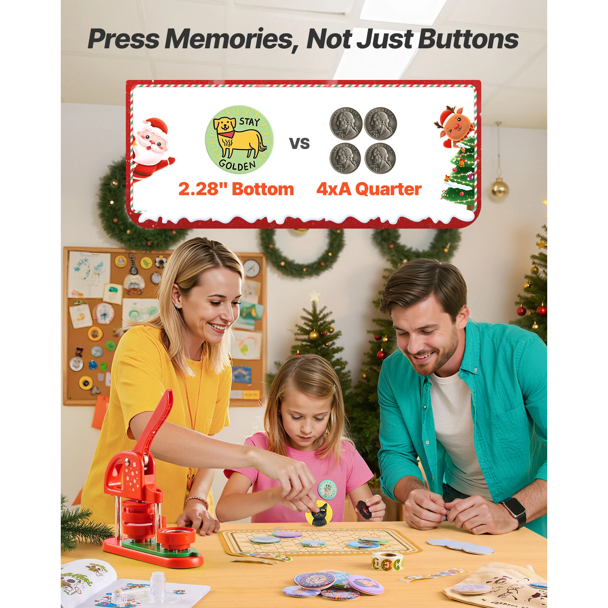 Button Maker Machine, 2.28 in, Plastic Pin Maker with 100pcs Button Parts, Circle Cutter and Hex Wrenches, Reinforced Ergonomic Handle, Personalized Pins and Key Chains, Red, Designed for DIY Badges
