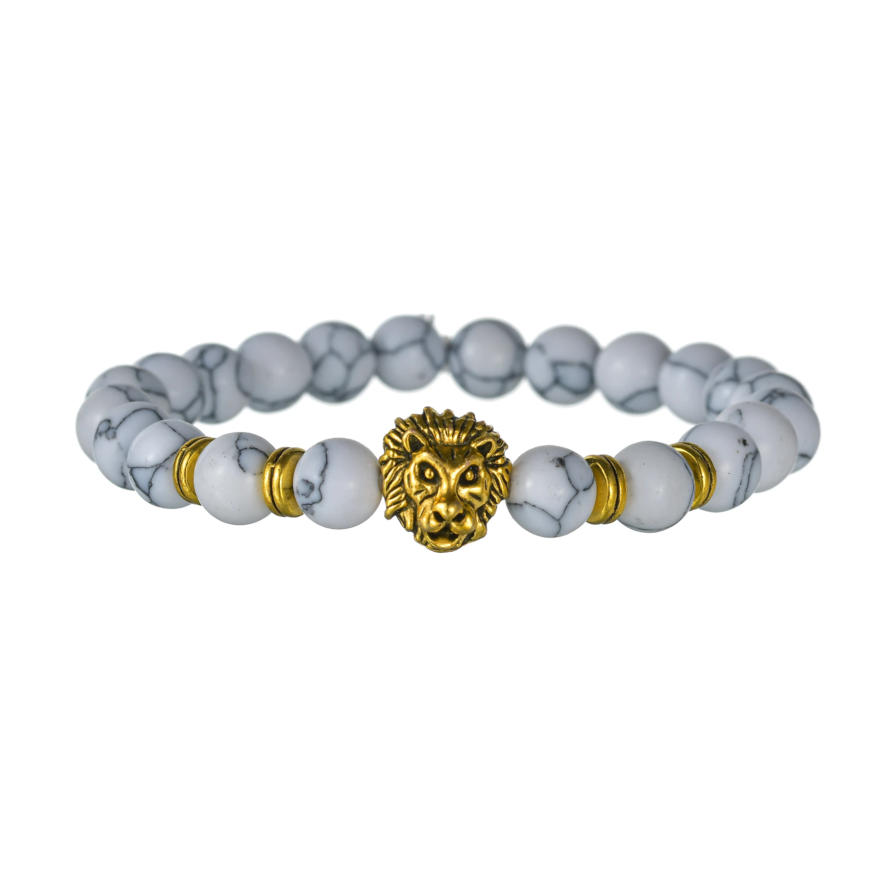 Punk 8mm Natural Stone Men\'s Lion Head Beaded Strand Bracelet Goth Lava Bangles Wristband Women Jewelry Boyfriend Gift