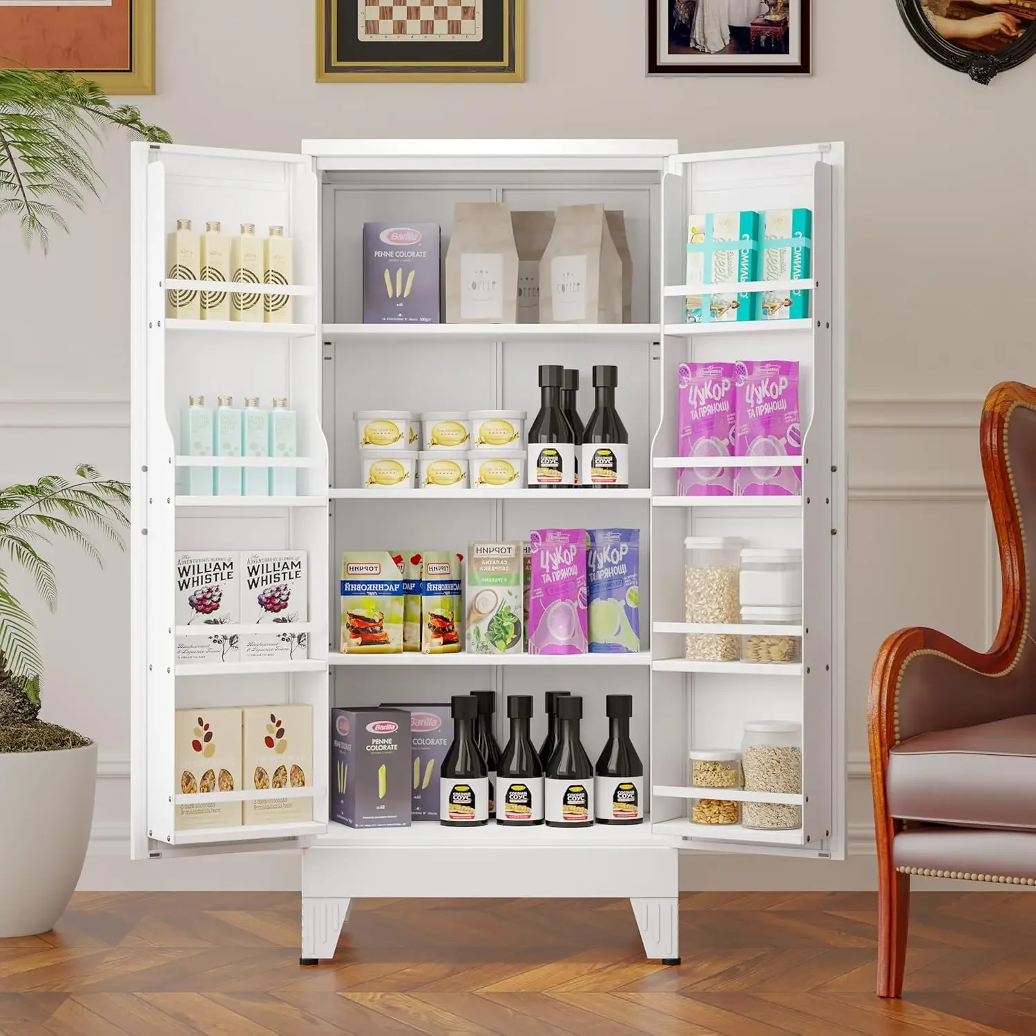 [Oferta de tempo limitado, folga! ] Armário de despensa de cozinha de metal de 51", armários de armazenamento com 2 portas e 3 prateleiras ajustáveis, branco F