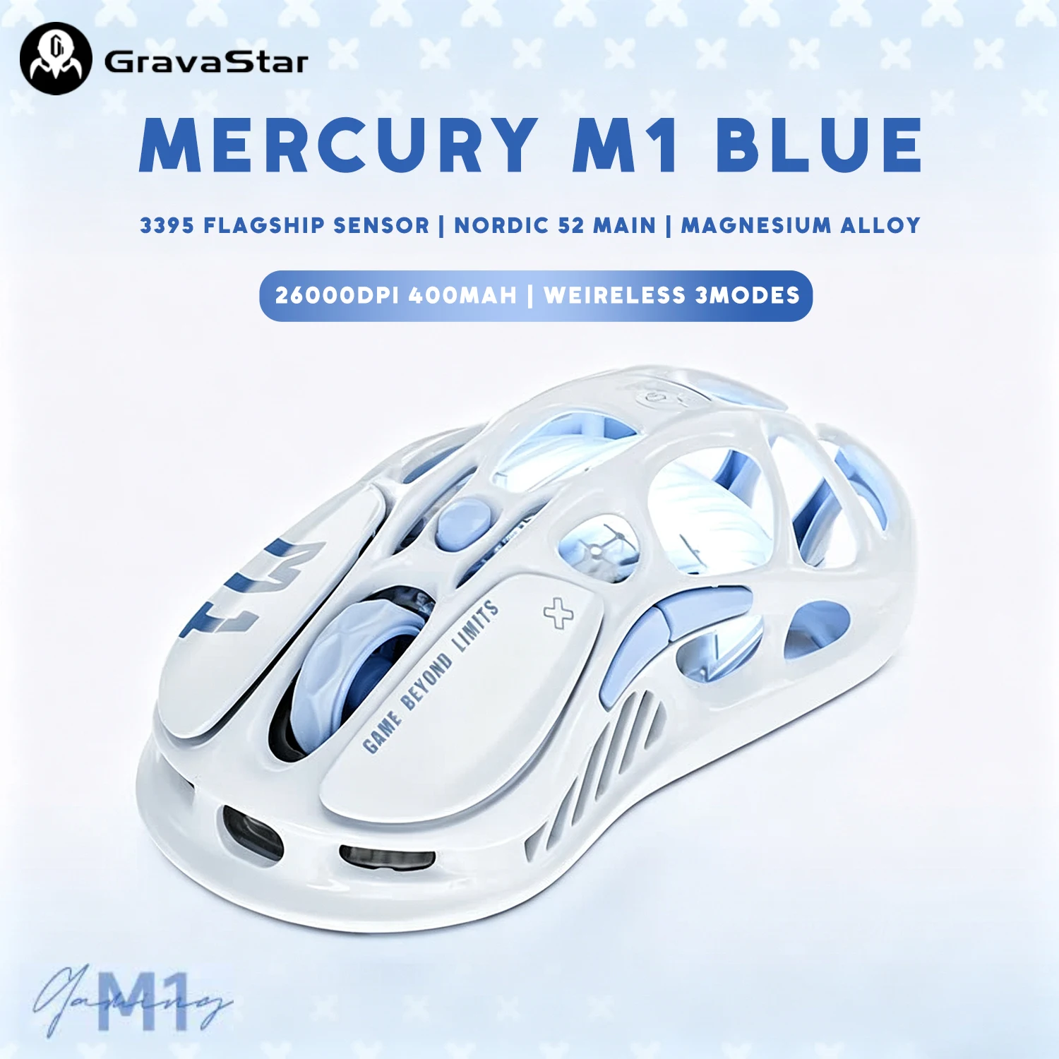 GravaStar Mercury M1 Pro Blue Wireless Gaming Mouse Lightweight Magnesium Alloy Bluetooth 2.4G Wired PAW3395DM Gamer Mouse Mice