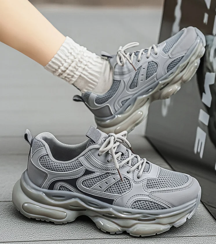 Summer Hollow Mesh Sneakers For Men Cream Glossy Thick Sole All Mat Teen Outdoor Walking Training Footwear