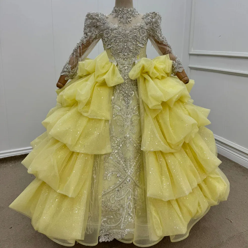 Customized Elegant High Waist Floor Length Tiered Beaded Yellow Flower Girl Dress For Kids Birthday Or Wedding Gown