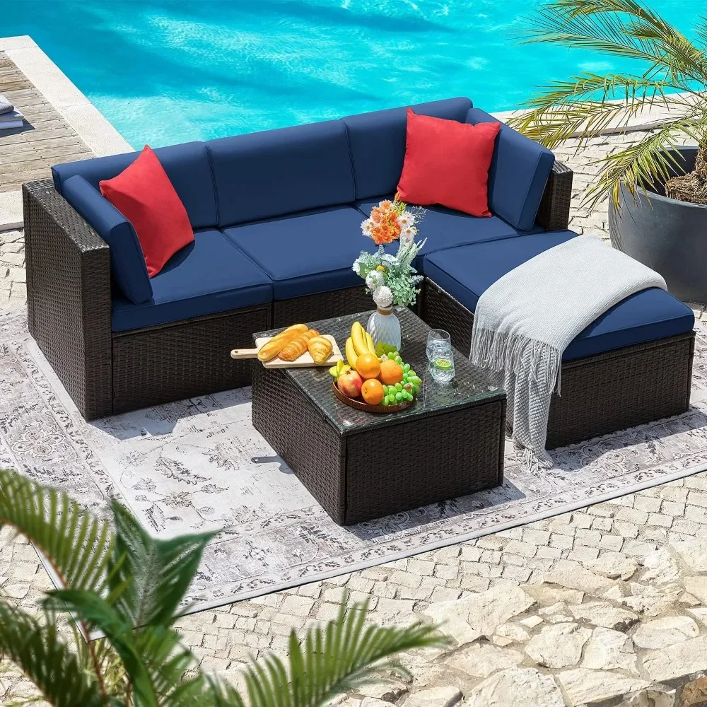 Outdoor Sofa Set of 5 with Thick Cushions & Tempered Glass Table, Patio Furniture Set 5 Piece Outdoor Wicker Sectional Sofa