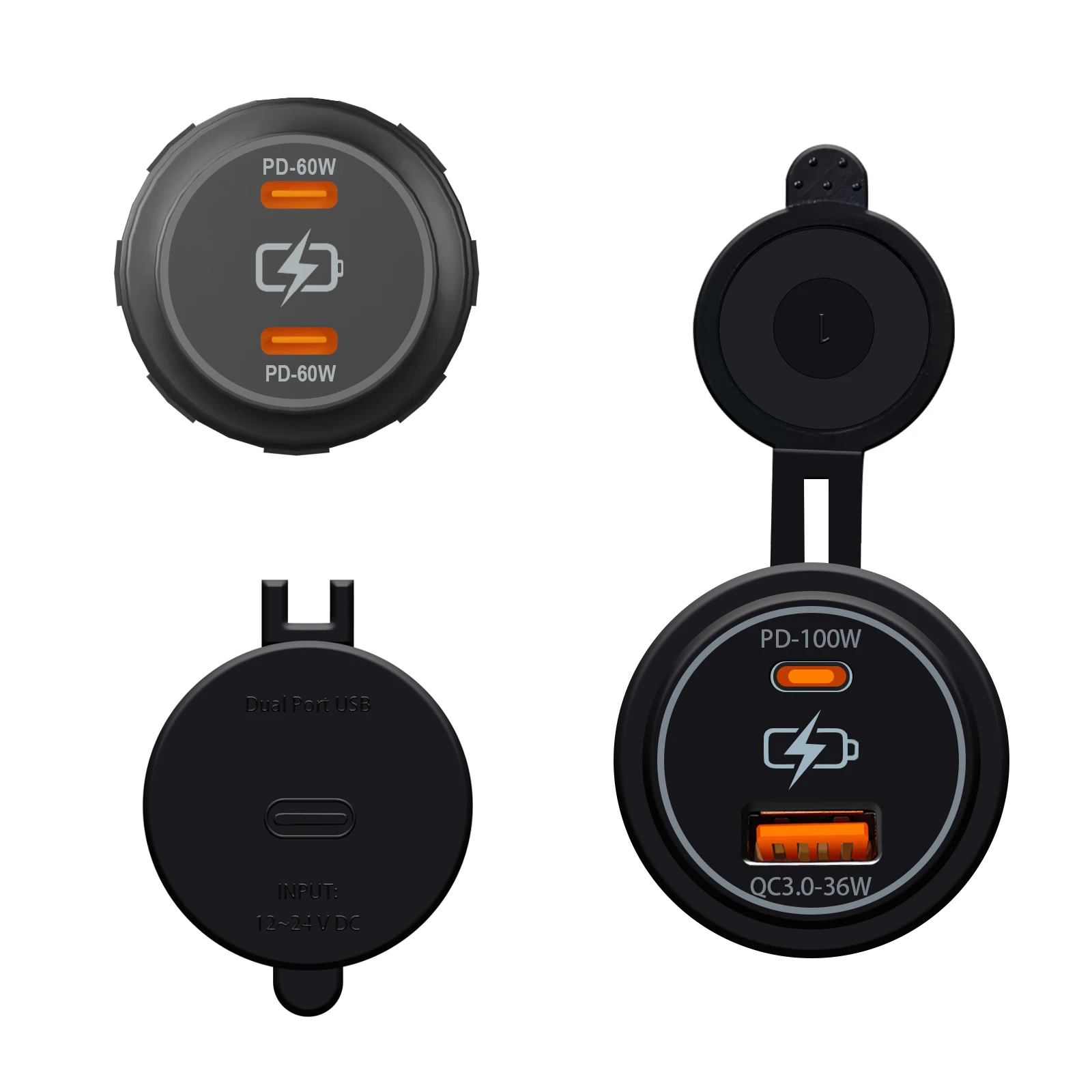 Image of 100 W/60 W Dual-USB-Autoladegerät-Buchse PD QC3.0 36 W Schnellladung Typ C & USB A-Anschlüsse 12 V/24 V wasserdichtes Netzteil für Auto-Wohnmobil