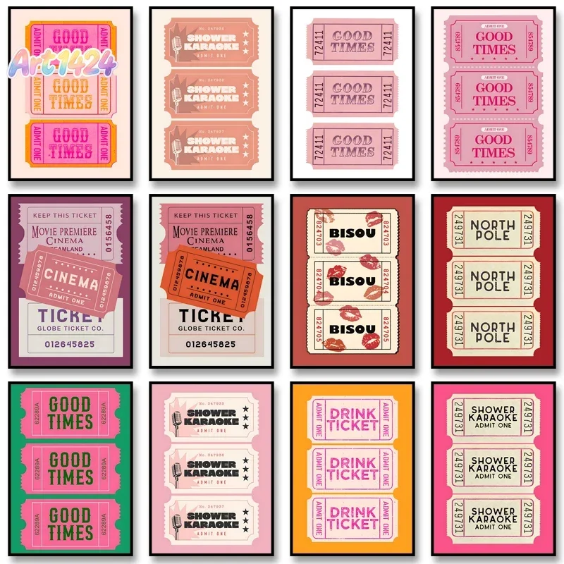 Shower Karaoke Ticket Poster Couch Club Retro Ticket Canvas Painting Print Wall Art Picture for Bathroom Home Decoration