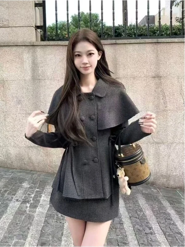 

Rich Girl Style Grey Double-Breasted Coat And Skirt Set Women's Fashion Autumn Winter High Waist Wrap Body Skirt Two-Piece Suit