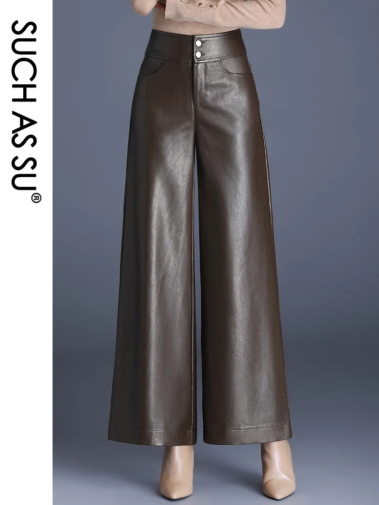 High Quality Women Pockets Wide Leg Pants 2023 Autumn Winter Slim fit Ankle-Length Culottes PU Leather Elastic Waist Female 1711