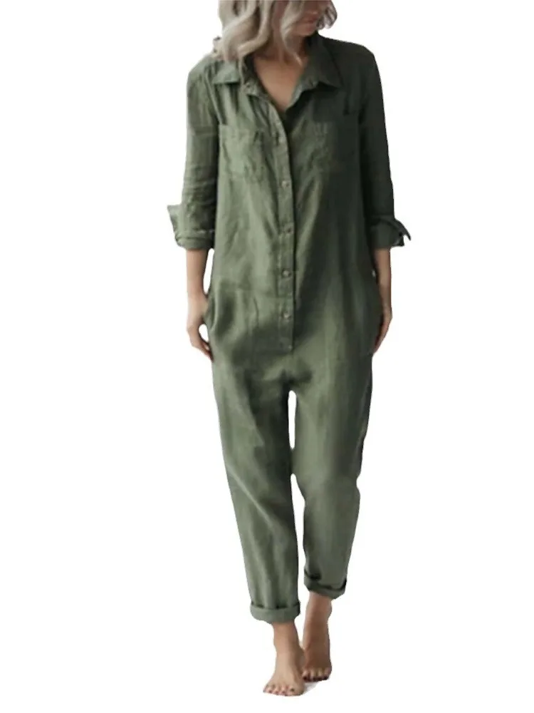 

Casual Cotton One-Piece Jumpsuit with kets Long Sve High Waist Straight Leg een Color for Women Street Sle Autumn Wear