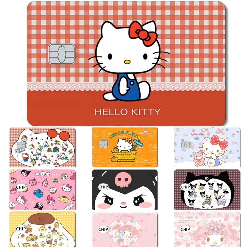 5/10 pçs sanrio cartão aleatório adesivo anime olá kitty cartão de crédito cartão de banco fosco antiderrapante película protetora pele pequeno chip