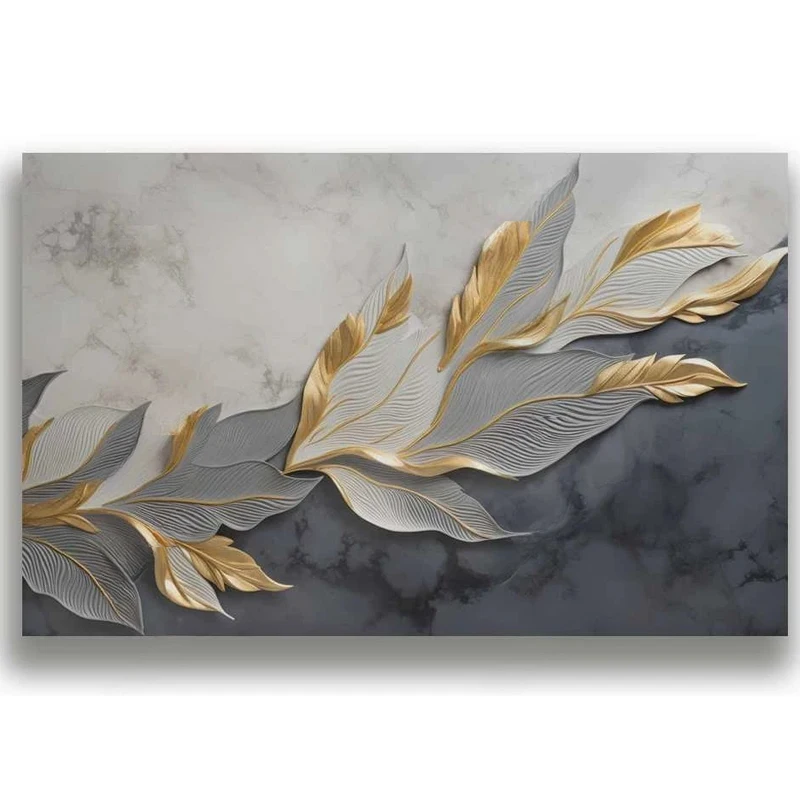 Custom Large Size Modern Cement Gray Background Wall 3D Golden Leaf Feather Flower Painting Mural Canvas for Living Room Decor
