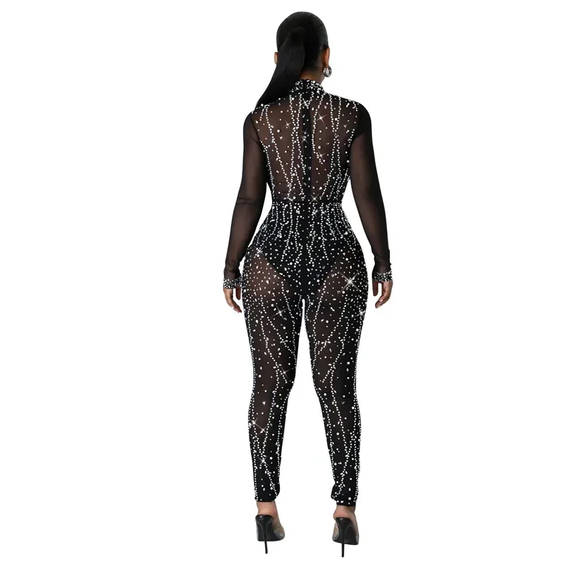 Luxury Autumn Women Skinny Diamonds Sparkly Sheer Mesh Jumpsuits Cut Out Rhinestone Black Sexy Party Evening Jumpsuit Rompers