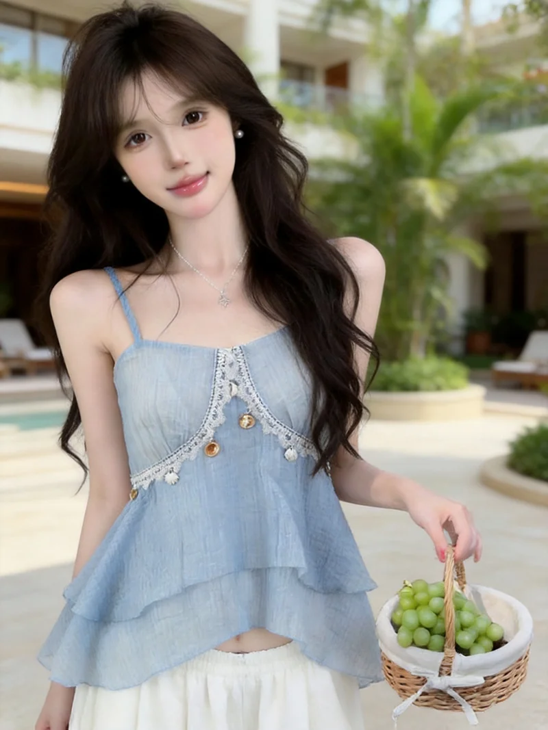 

Gentle Breeze Lace Splice Strap Vest Women's Summer New Irregular Hem Waist in Dress Top Korean Style Standard Fit Knitted Sk...
