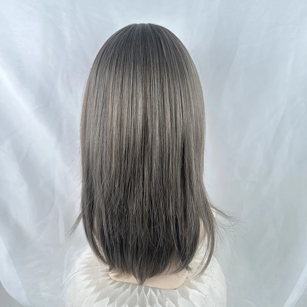 Peluca gris recta corta sintética para mujer, Cosplay de Lolita, peluca esponjosa con flequillo resistente al calor para fiesta diaria