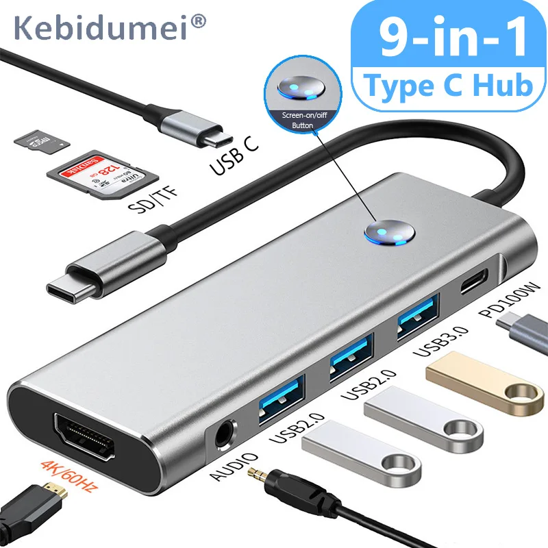 USB C Hub Type C 3.0 Adapter to 4K HDMI SD TF Card Fast Charge Splitter Docking Station Screen-On/Off Button HUB for Laptop PC