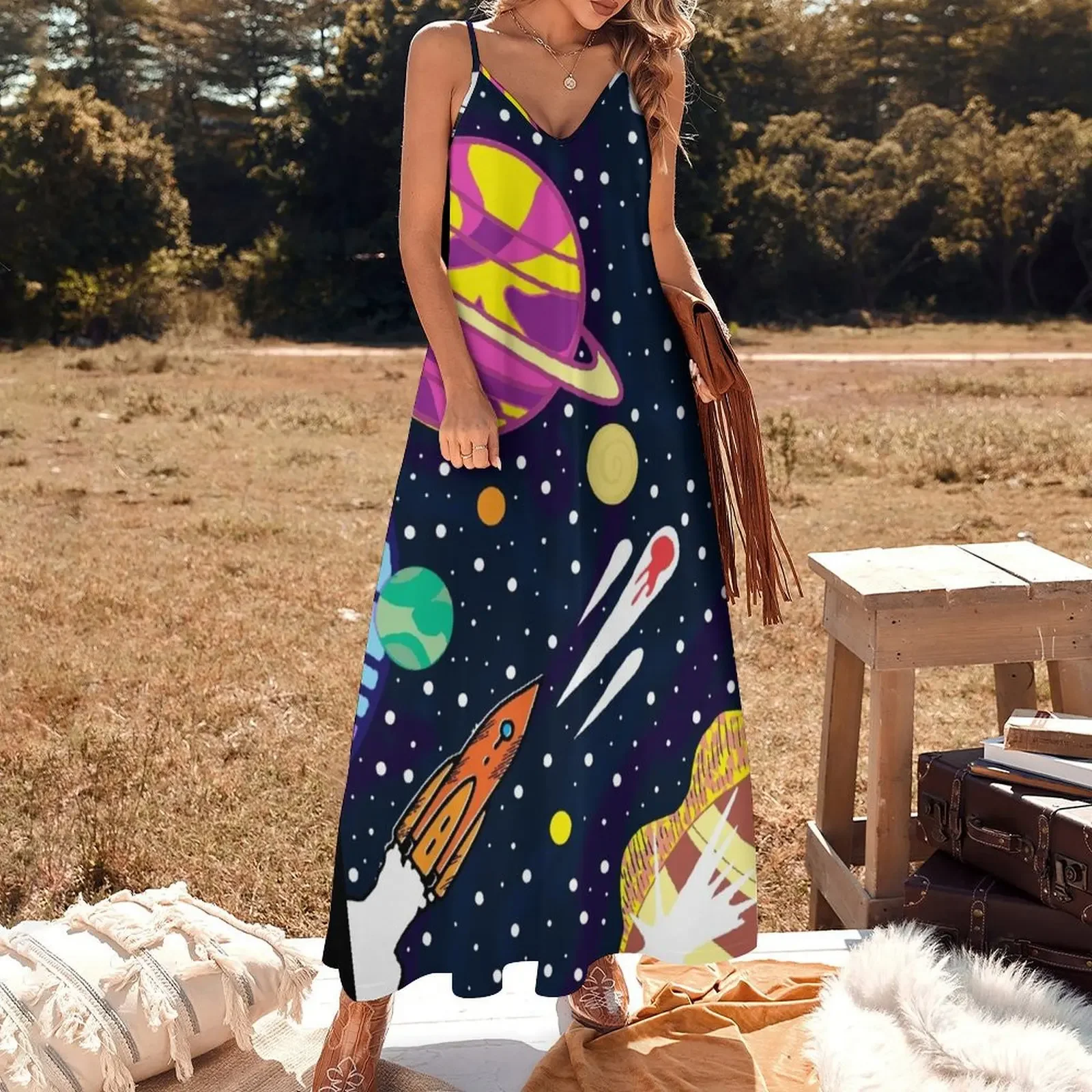 Moon and stars with rocket Sleeveless Dress Women's dresses prom dresses 2025 summer clothes