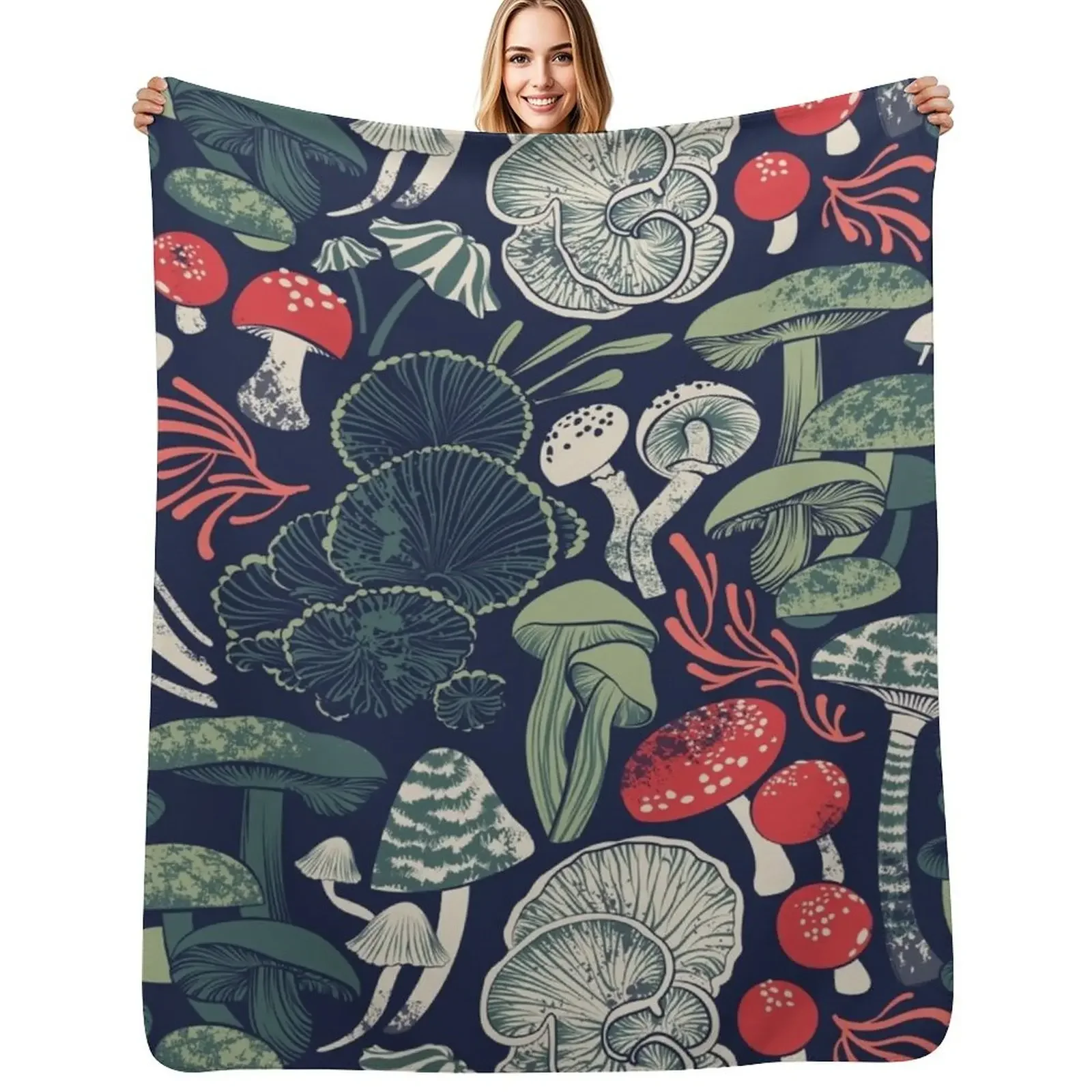 

Mystical fungi // midnight blue background sage and forest green red and coral wild mushrooms Throw Blanket Quilt Blanket