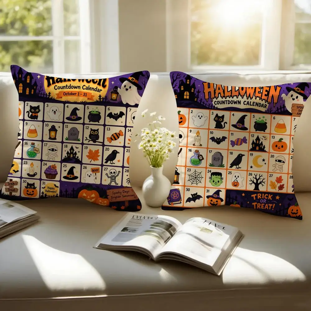 Halloween Countdown Calendar Cushion Cover Pillowcase Anti-dustmite Invisible Zipper Short Plush Sofa Cushion