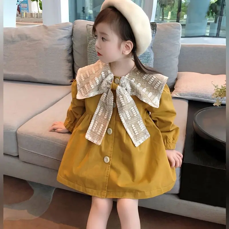 Baby Girl Doll Collar Loose Trench Coat 2023 Spring Fall New Korean Children\'s Bow Princess Dress Girls Kids Dresses for Girls