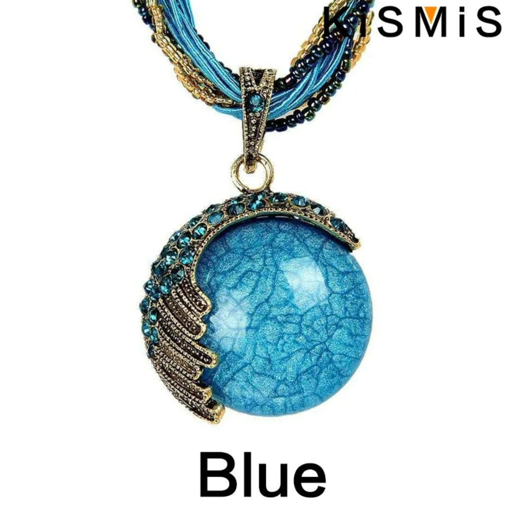 KISMIS 1PC Women's Vintage Bohemian Vintage Rhinestone Beaded Chain Pendant Necklace