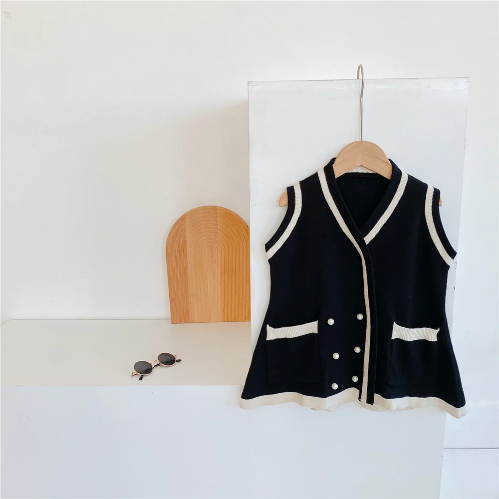 2025 Spring Style Girls' Line Sweater Vest Korean Children's Clothing Campus Style Children Medium Long Baby Sweater Dress
