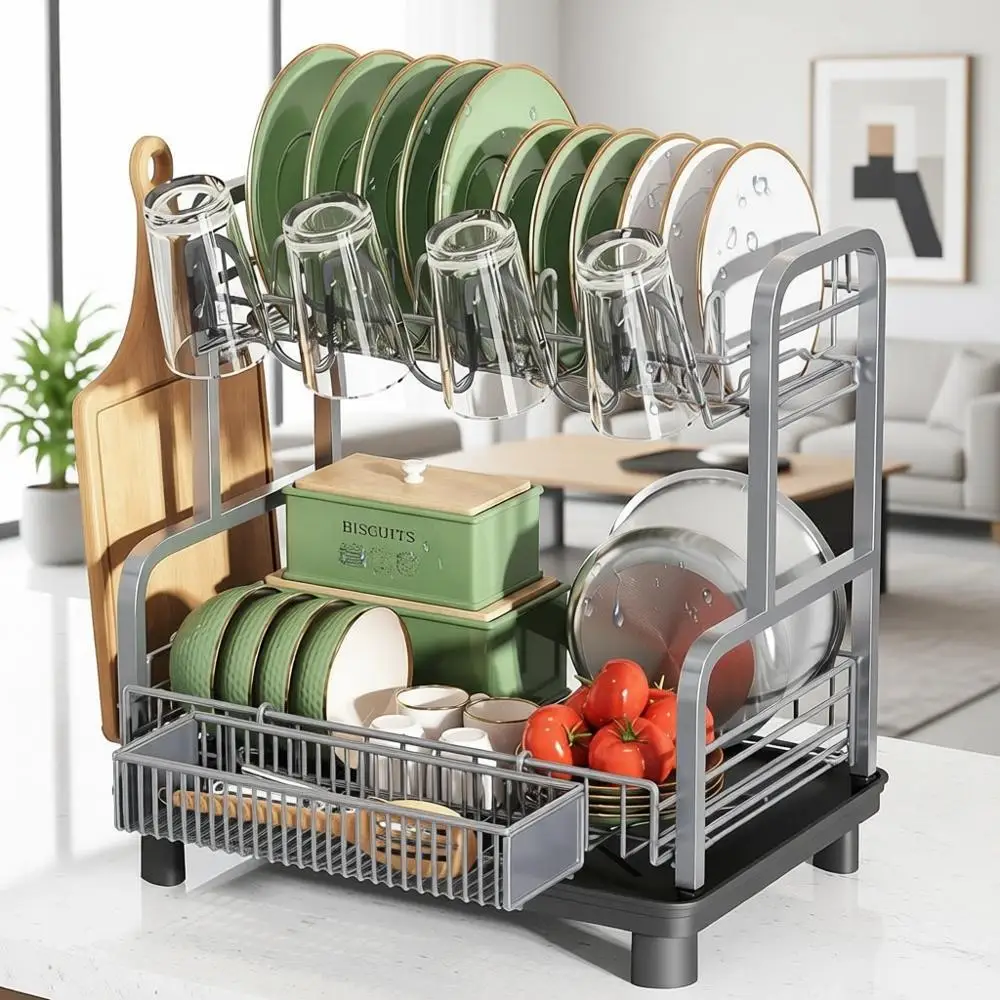 

Большая двухуровневая сушилка для посуды из нержавеющей стали с серой антикоррозийной подставкой для тарелок и поддоном для слива, экономия пространства и современный дизайн для
