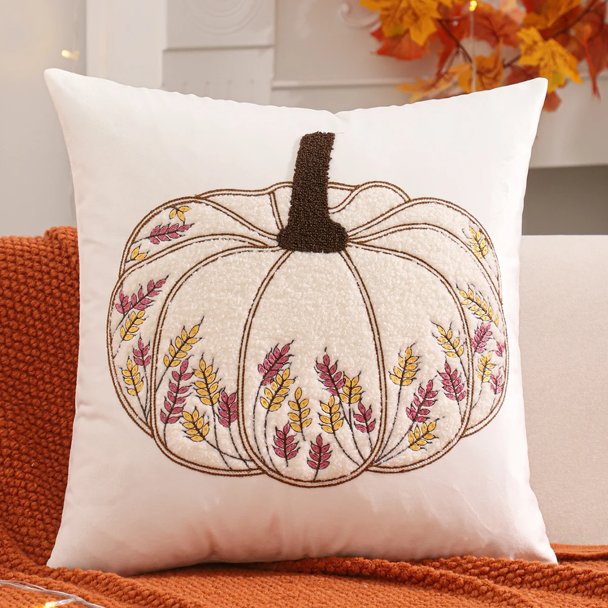 PC Halloween Decoration Throw Pillow Cover Pumpkin Ghost Spider Embroidery Velvet Autumn Thanksgiving Harvest Home Living Room