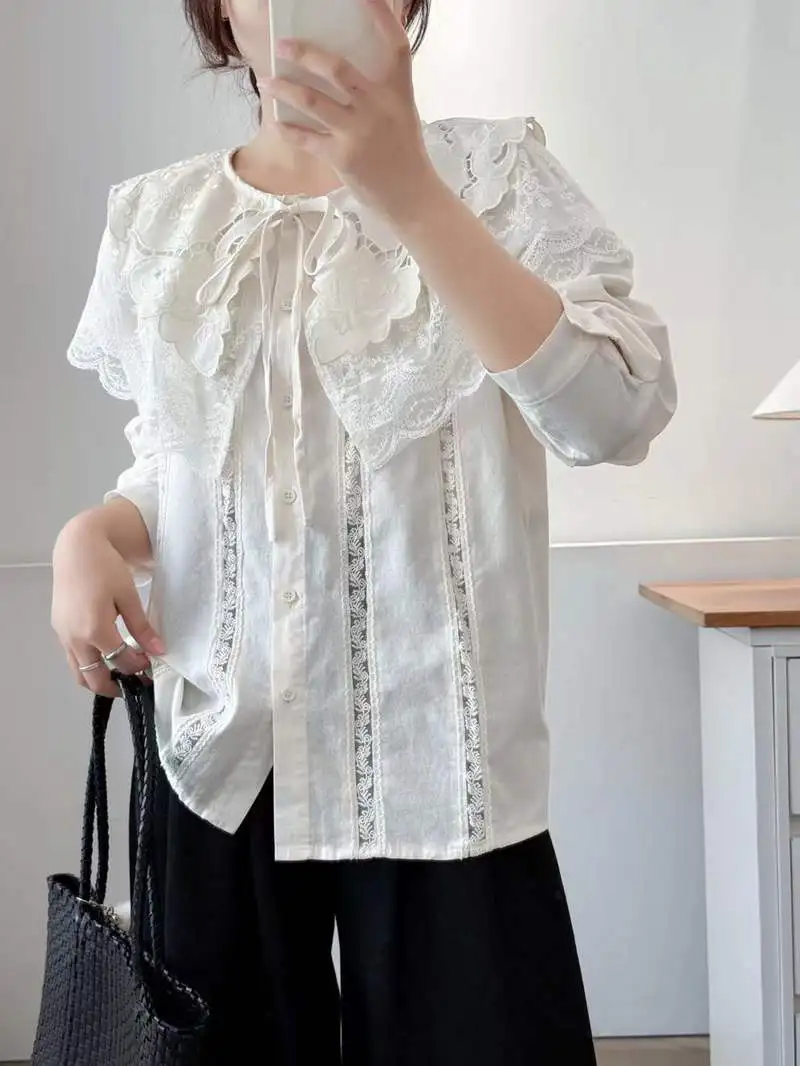 جديد 2025 الخريف قميص قطني بكم طويل ، المرأة بدوره إلى أسفل طوق التطريز ، موري فتاة الفرنسية تخفيف شيك بلوزة فضفاضة T59749CC