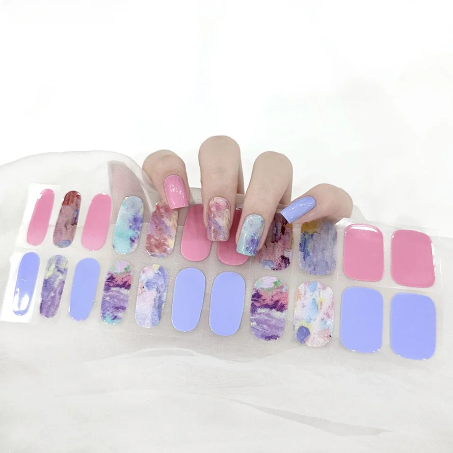 22Tips Solid Color Glitter Manicure Semi-Cured Gel Nail Patch Slider Adhesive Waterproof Full Gel Nail Sticker Harden in UV Lamp