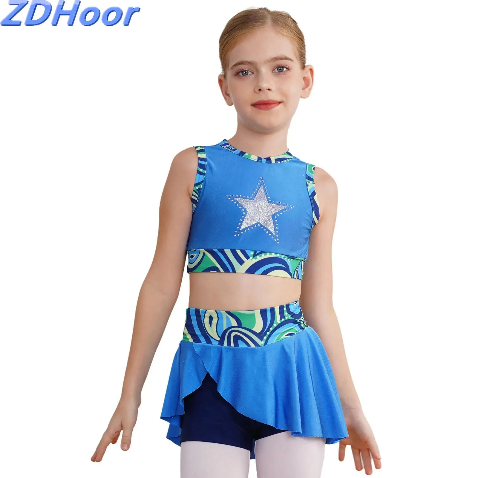 

Детский гимнастический танцевальный костюм для девочек, майка с открытой спиной и спортивная юбка, комплект для тренировок, купальный костюм, спортивная одежда