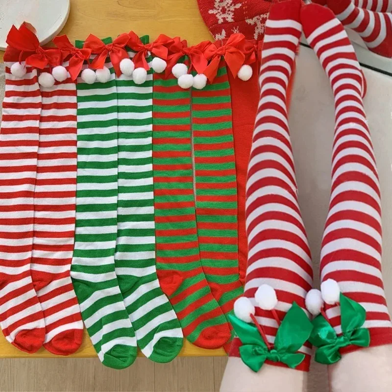 Natal meias quentes noite festa bola dos desenhos animados listrado meia cor sólida joelho sobre cosplay meia de férias