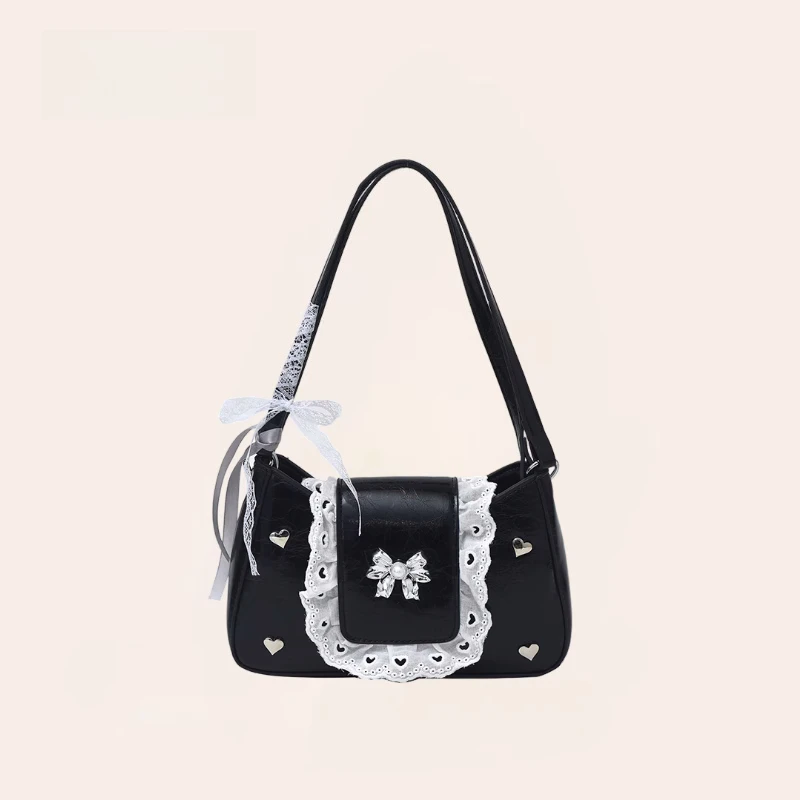 

Japanese Niche Ballet Style Lace Saddle Bag Women's Silver Bow Y2k Hottie Versatile Underarm Bag Crossbody Bags for Women