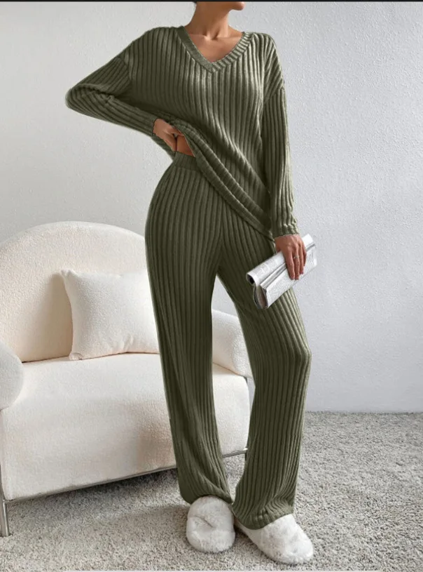 Solid Color Casual Loose Knitting Sets For Women Elegant Autumn Women\'s Two Pieces Suit Full Trouser Set Female Outfit Clothes