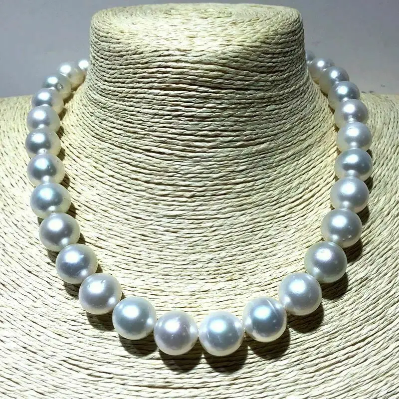 Huge Charming 18"11-14mm Natural White Genuine Round Pearl Necklace Women Pearl Luxury Jewelry 925 Sterling Silver
