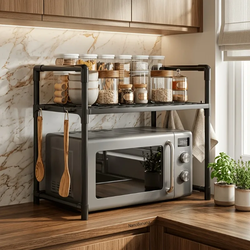 1 PCS Single-Layer Microwave Oven Storage Rack Simple in Design. Equipped with 4 Hooks for Storing Microwave Ovens, Ovens, Etc - view 2
