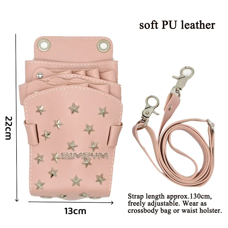 Star Rivet Hair Stylist Scissor Holster PU Leather Barber Tool Waist Bag with Adjustable Shoulder Strap for Salon Pet Grooming