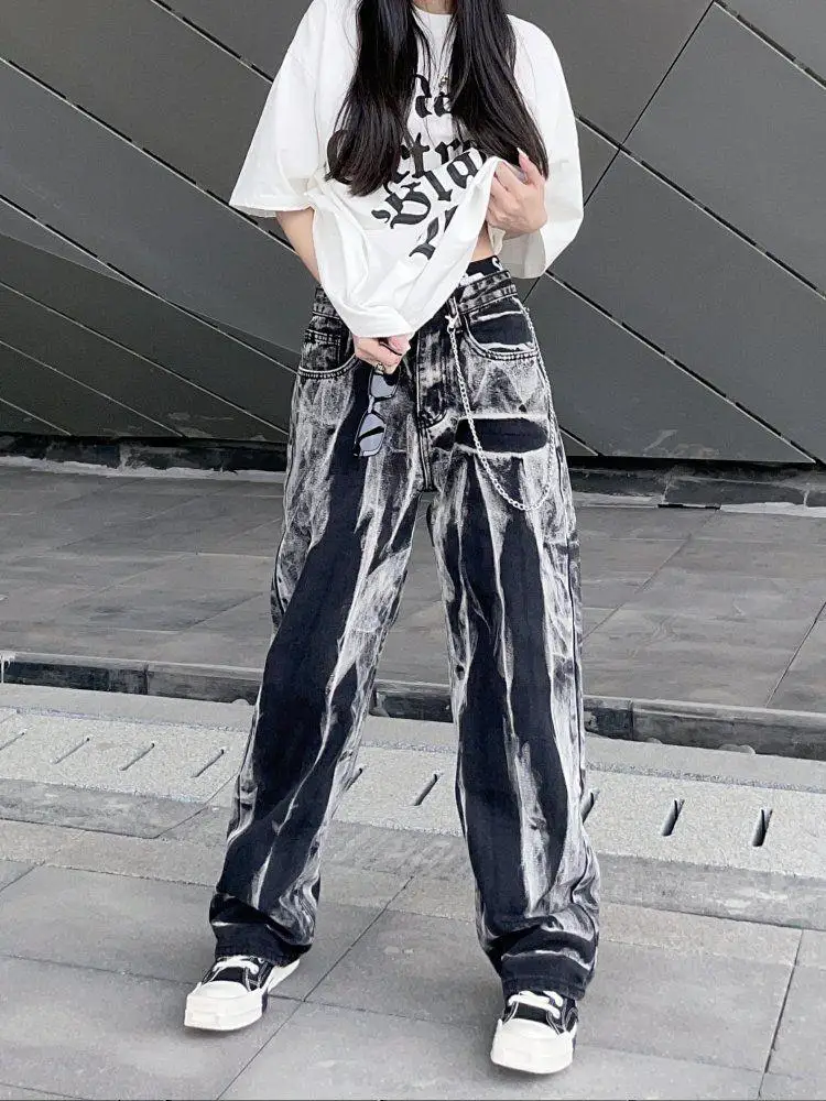 

Baggy Pants Woman Tie Dye Washed Straight Wide Leg Pants High Waist Goth Vintage Streetwear Denim Casual Hippie Trousers Y2K Pan