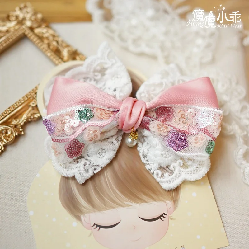 Princess Hair Accessories Sweet Sequin Bow Hair Clips Lace Top Barrettes Cute Little Girls Hair Clips Young Girls Hair Accessori