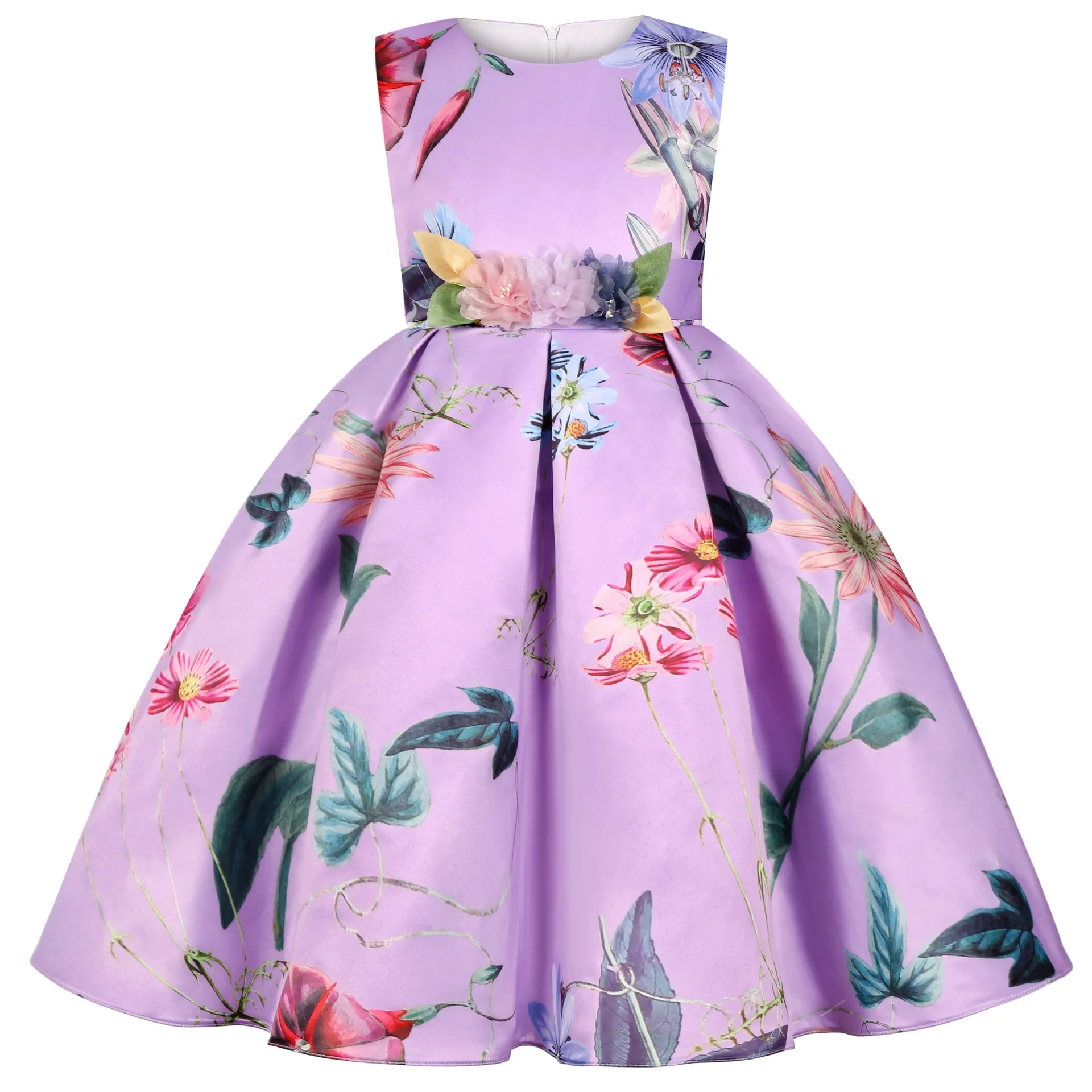 Vestido Floral de satén para niñas pequeñas, ropa de fiesta de princesa de verano, regalo de cumpleaños, sin mangas, 2 a 10 años