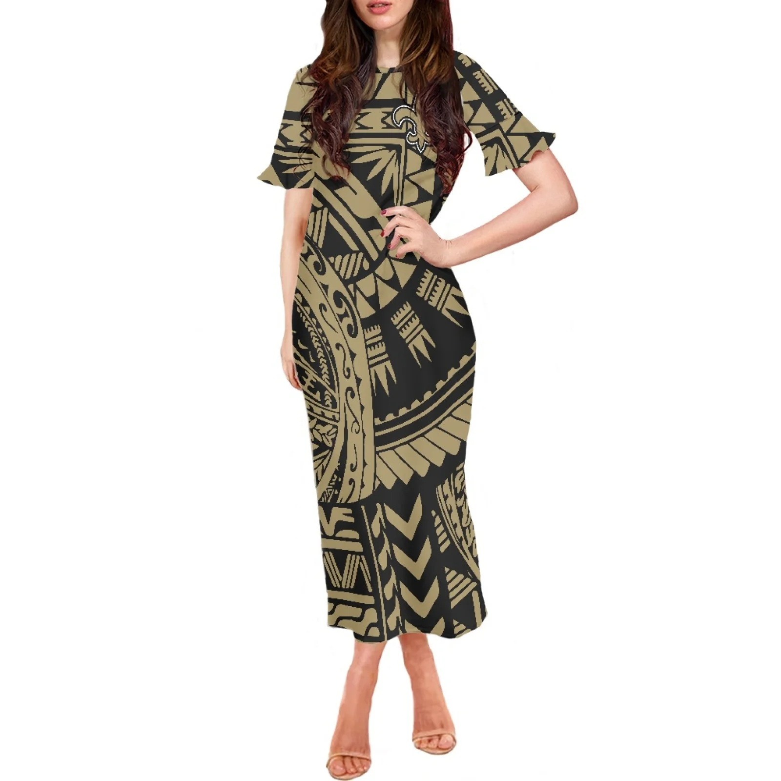 Polynesian Tribal Fijian Totem Tattoo Fiji Prints New ​Stylish Sexy Lotus Leaf Short Sleeve Long Dress Shopping Daily Womenswear