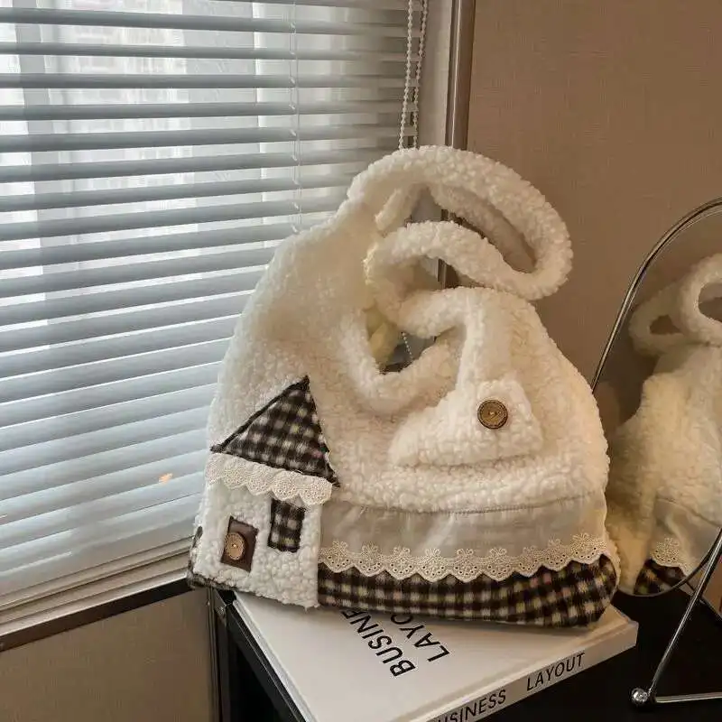 

Patchwork Plaid House Fluffy Big Capacity Women Handbags Casual Shoulder Bag Y2k Aesthetic All Match Anime