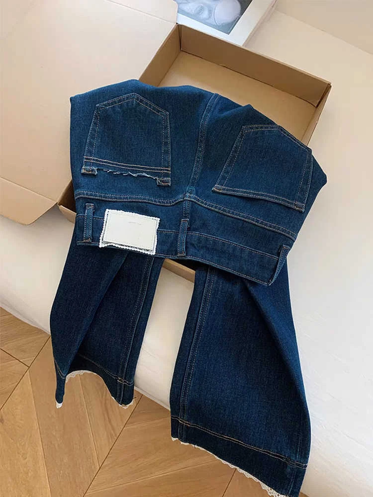 Fashion Lace Splicing Jeans Summer Thin High Waist Slimming Denim Trousers Loose Versatile Ankle-length Pants Oversized S-3XL