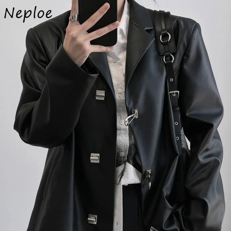 Neploe All-match Black Motorcycle Leather Jackets 2024 Spring Autumn New Coat Women Y2k Long Sleeve Loose Blazer Mujer