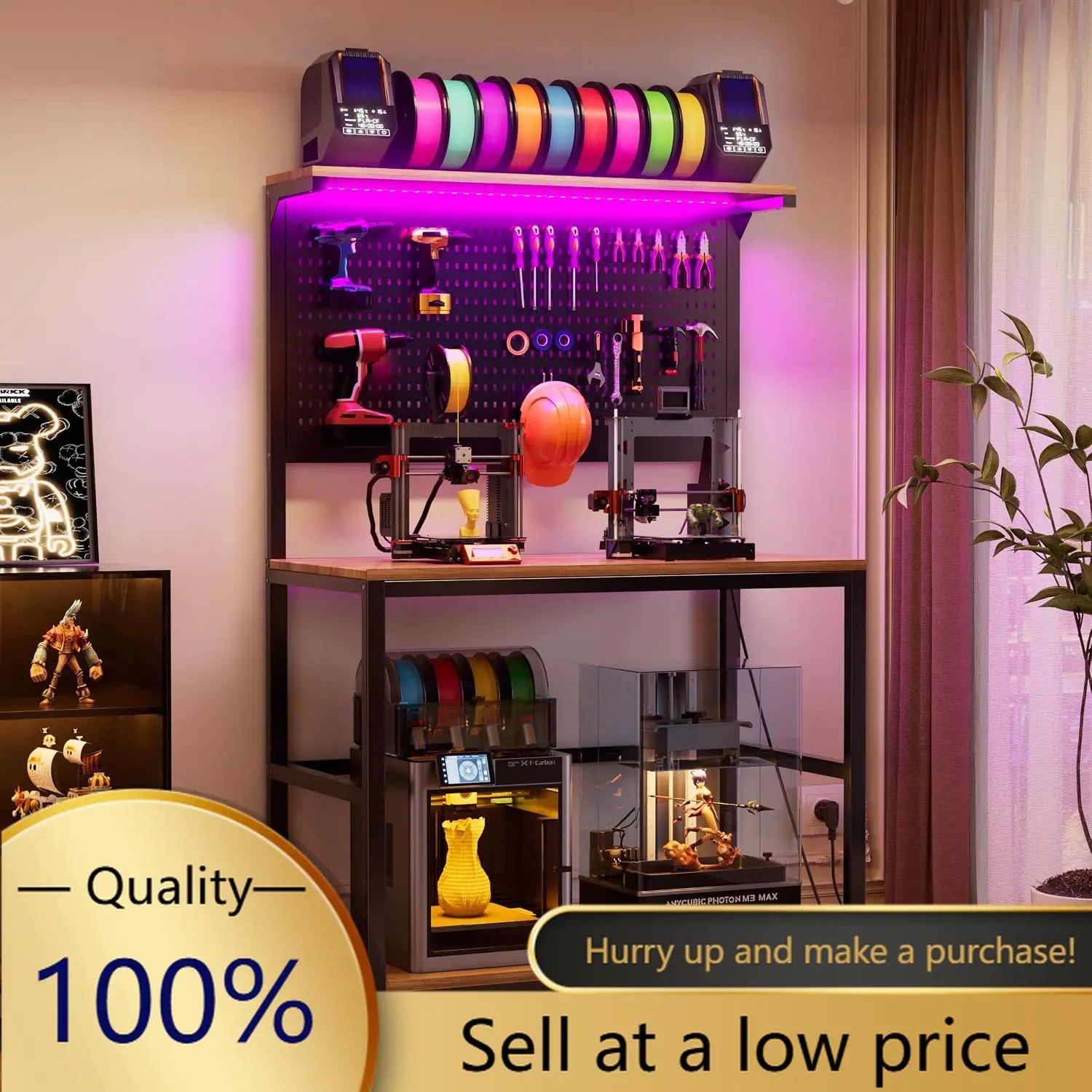 3D Printer Stand with Filament Storage Workbench,3D Printer Table with Charging Station & LED Lights,Heavy Duty Rolling Printer
